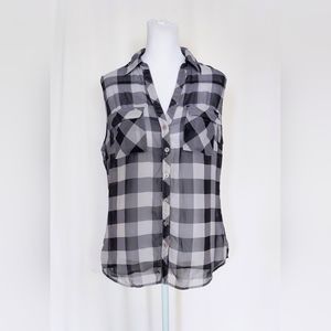 NY & Company Size Medium Sleeveless Sheer Button Up Top Black White Plaid